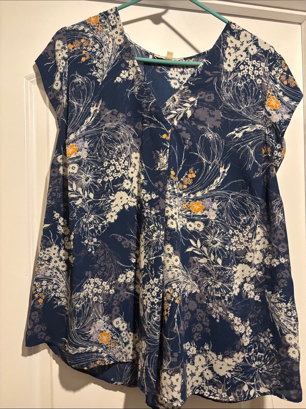 Navy Floral V-Neck Cap Sleeve Blouse